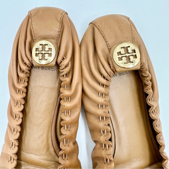 Tory Burch Reese Mestico Royal Tan Leather Ballet Flats Gold Accents Tassels - Picture 4 of 10